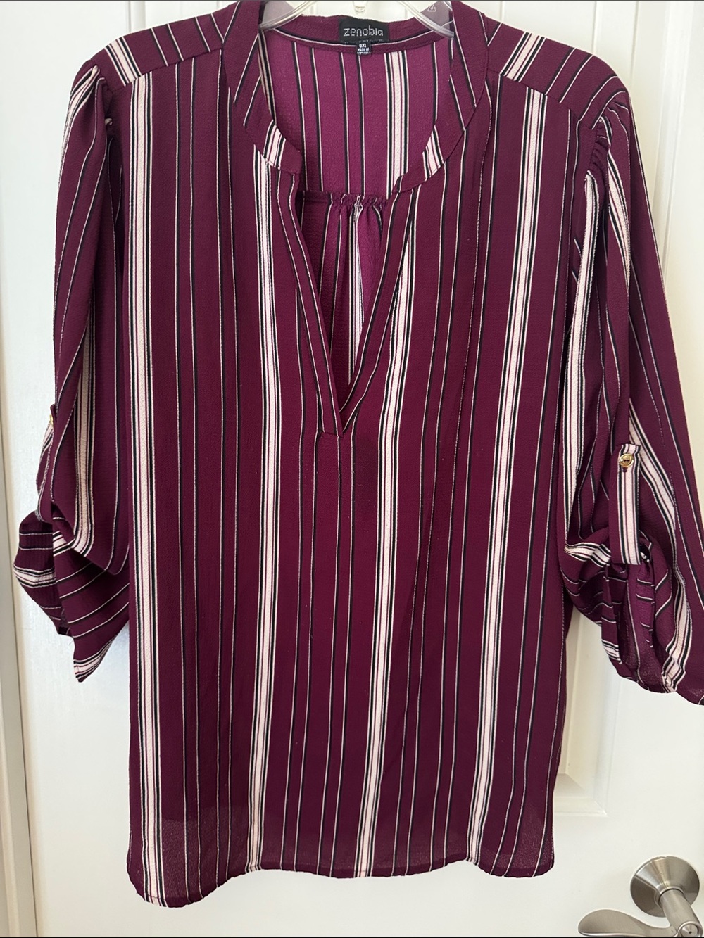 Zenobia Women's Burgundy Striped V-Neck Top Blouse with roll up sleeves sz 3XL